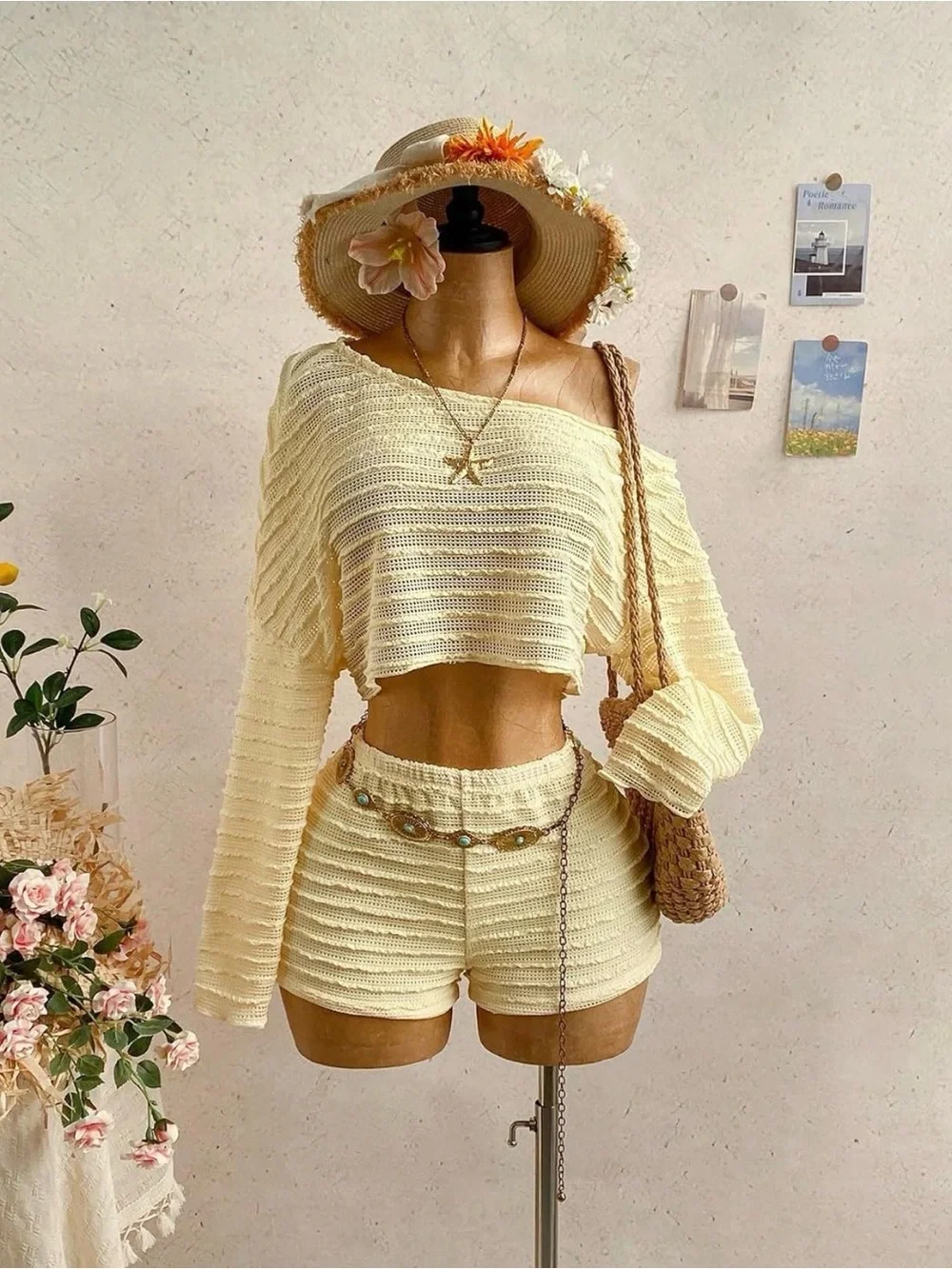 Light Yellow Crochet Swim Coverup Set - Women's Beach Two-Piece